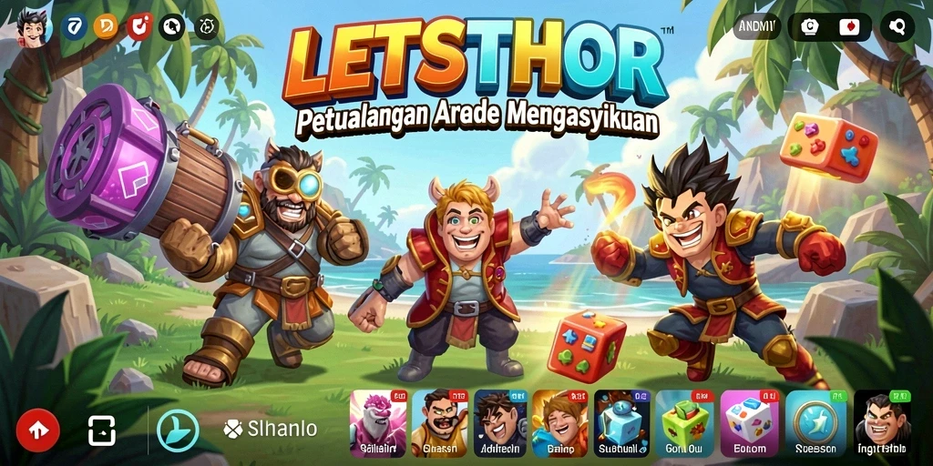Screenshot utama LETSTHOR menampilkan gameplay yang penuh aksi dan warna.