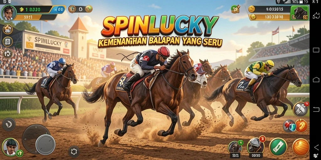 Screenshot SPINLUCKY menampilkan aksi balapan yang mendebarkan dan kendaraan berkecepatan tinggi.