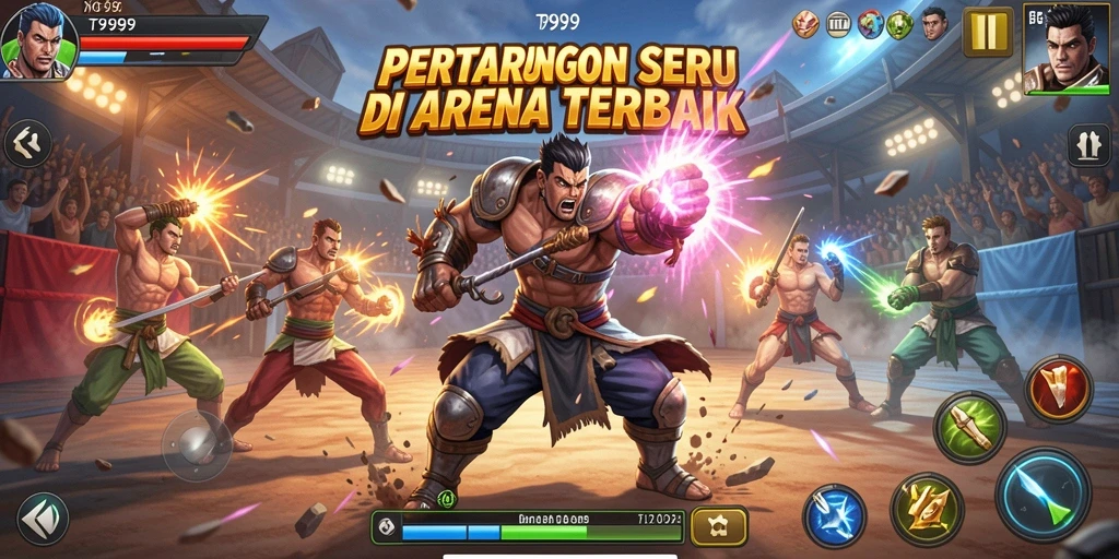 Screenshot gameplay T9999 menampilkan pertarungan mendebarkan di arena.